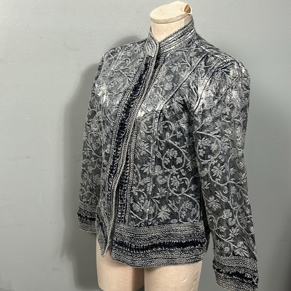 Coldwater Creek Blue Shiny Embroidered Jacquard Open Front Jacket Blazer small - Picture 2 of 13